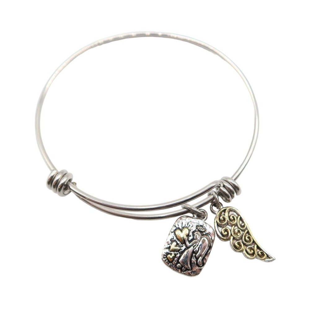 Signed LA Silver Tone W/ Gold Tone Guardian Angel Wing Adjustable Charm Bracelet